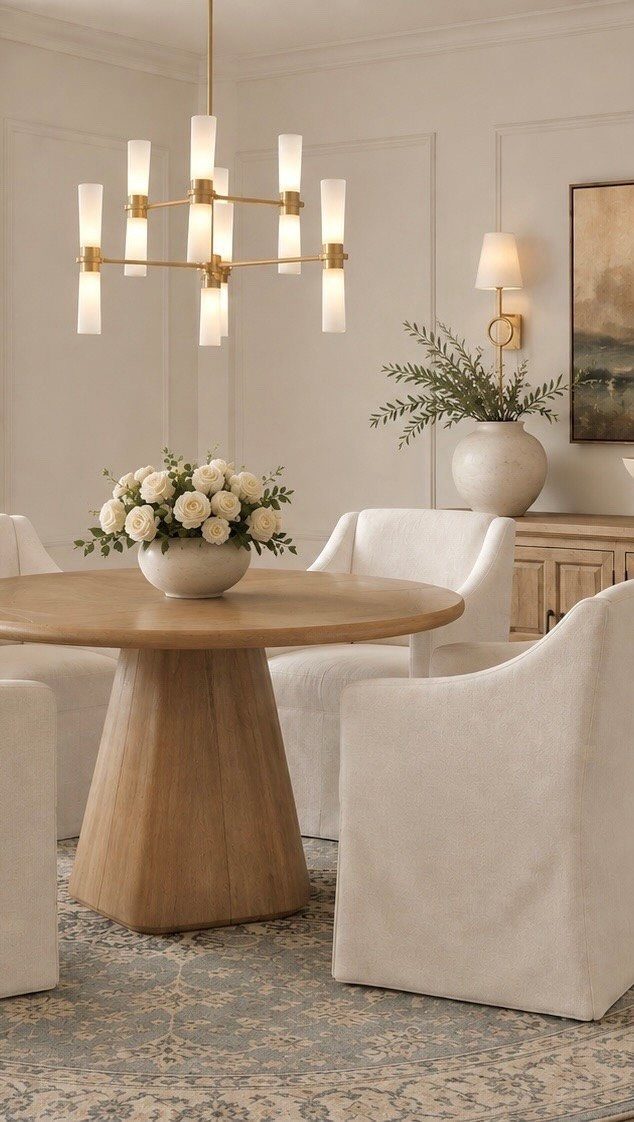 Traditional Modern Dining Room Ideas: 20 Ways to Blend Styles 14 Round light-wood pedestal dining table with white upholstered chairs and gold chandelier.