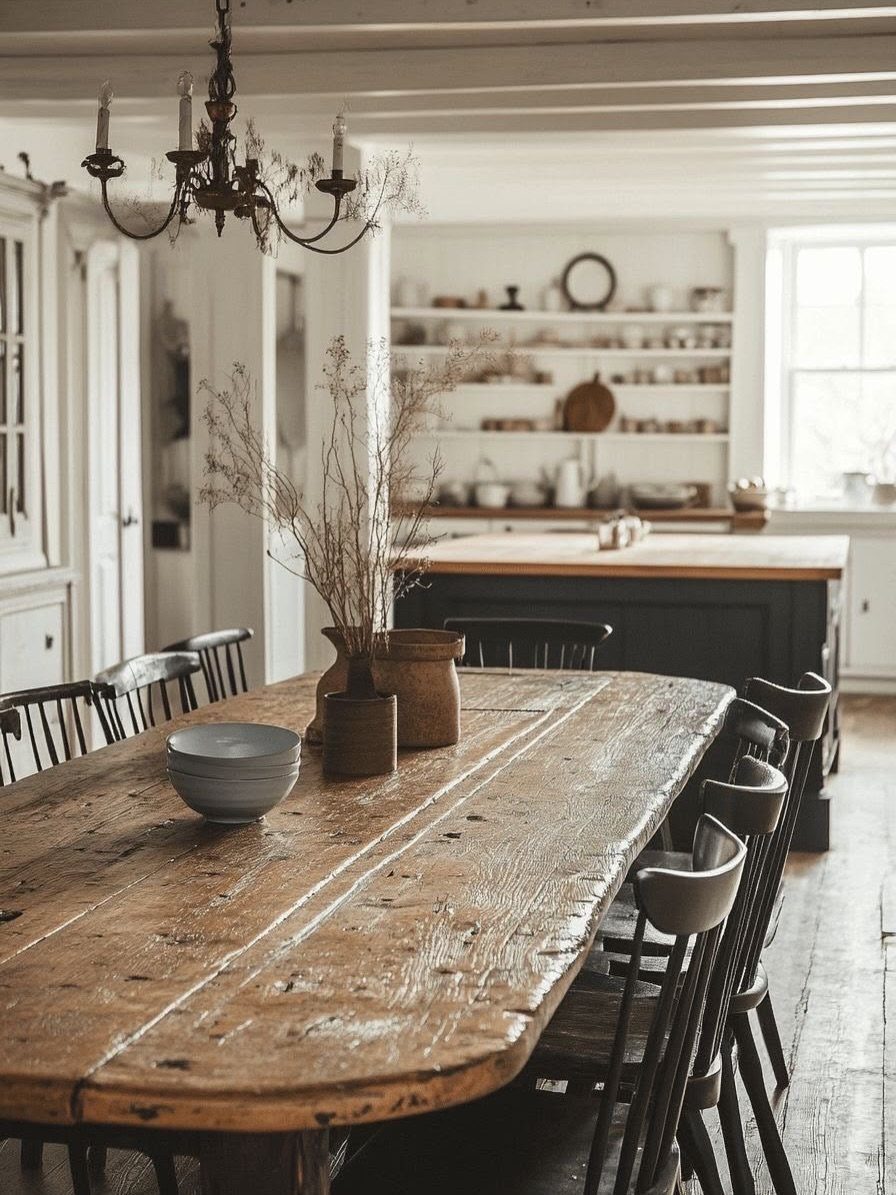 Traditional Modern Dining Room Ideas: 20 Ways to Blend Styles 1 Weathered vintage wooden dining table with dark chairs in a rustic kitchen setting.