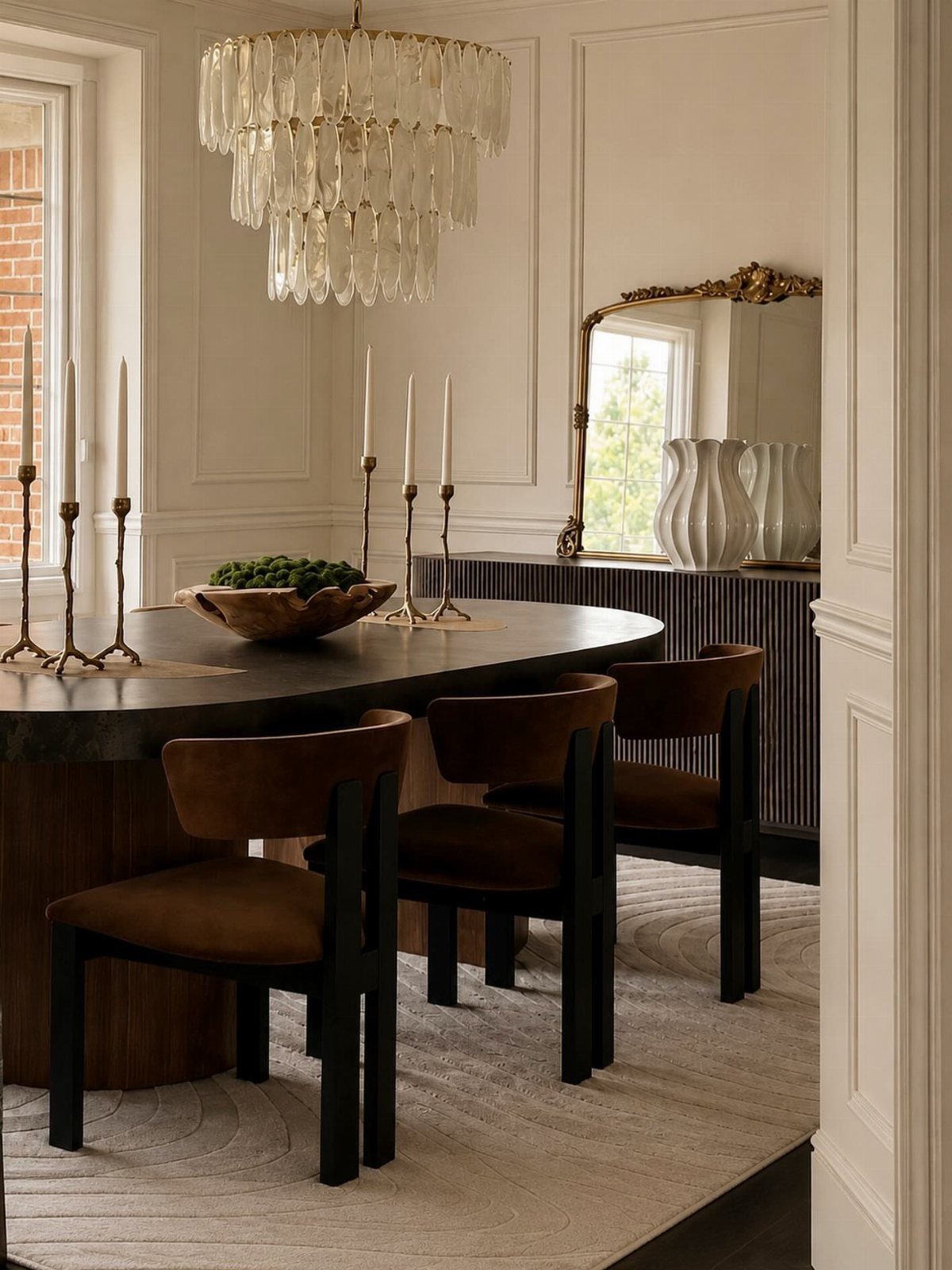 5 Transitional Dining Room Light Ideas for 2026 5 Tiered crystal chandelier hanging over a dark oval dining table with leather chairs.