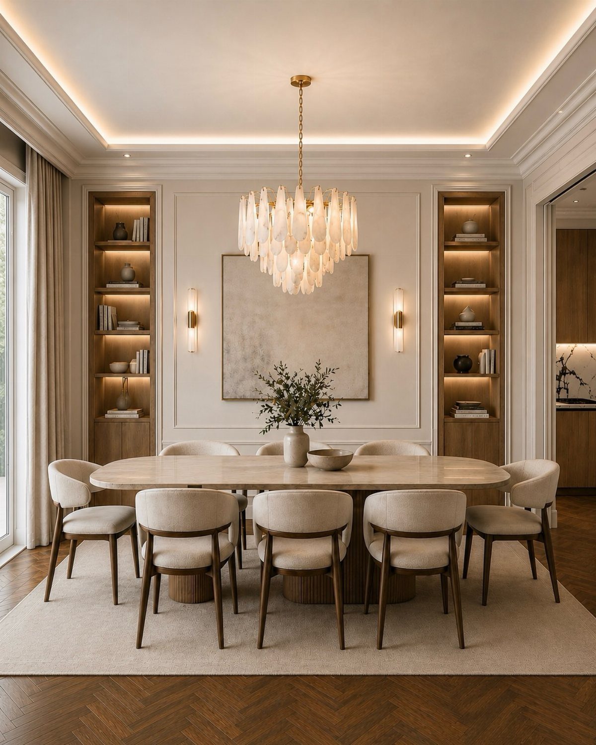 5 Transitional Dining Room Light Ideas for 2026 1 Tiered white glass chandelier hanging over an oval dining table in a neutral room.