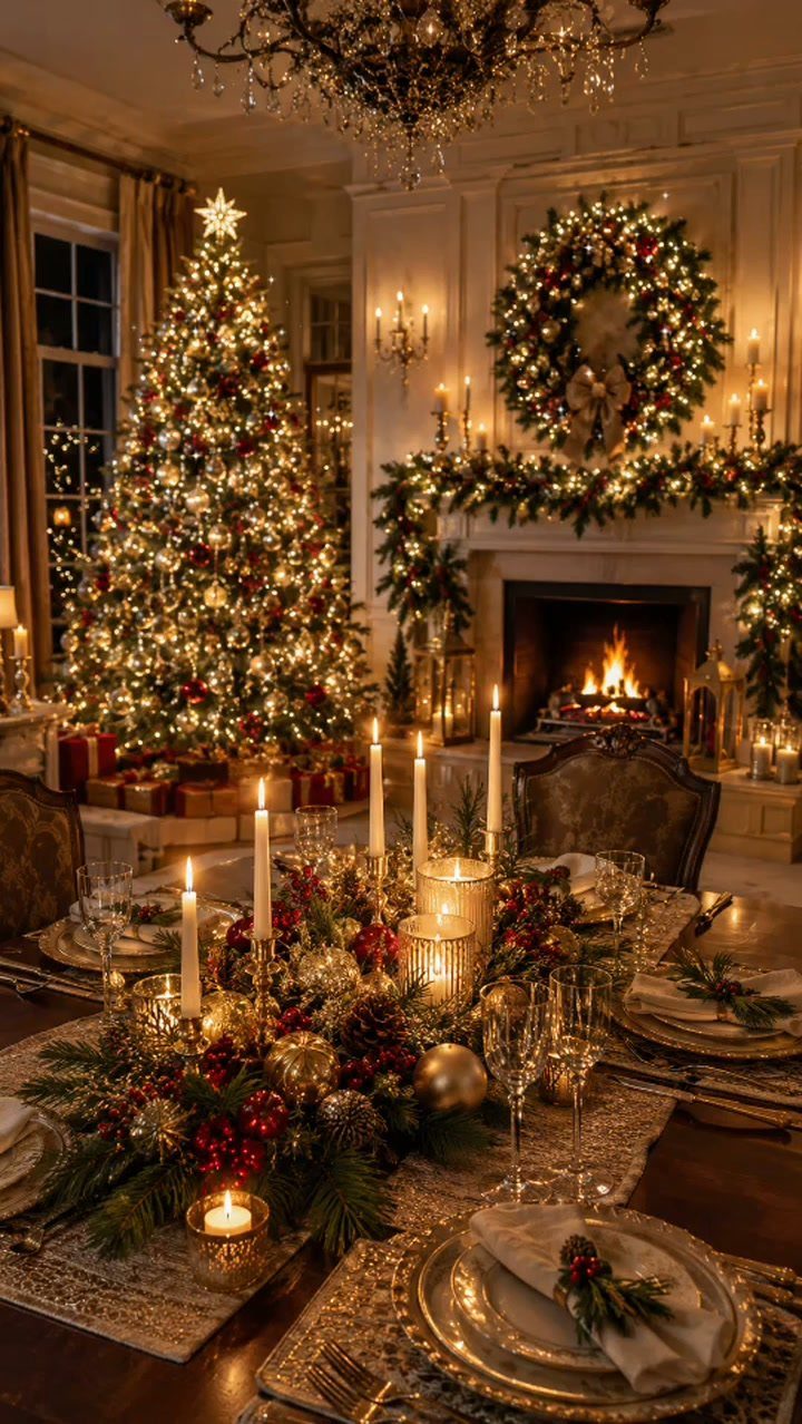 Festive dining table with white taper candles, Christmas tree, and glowing fireplace.
