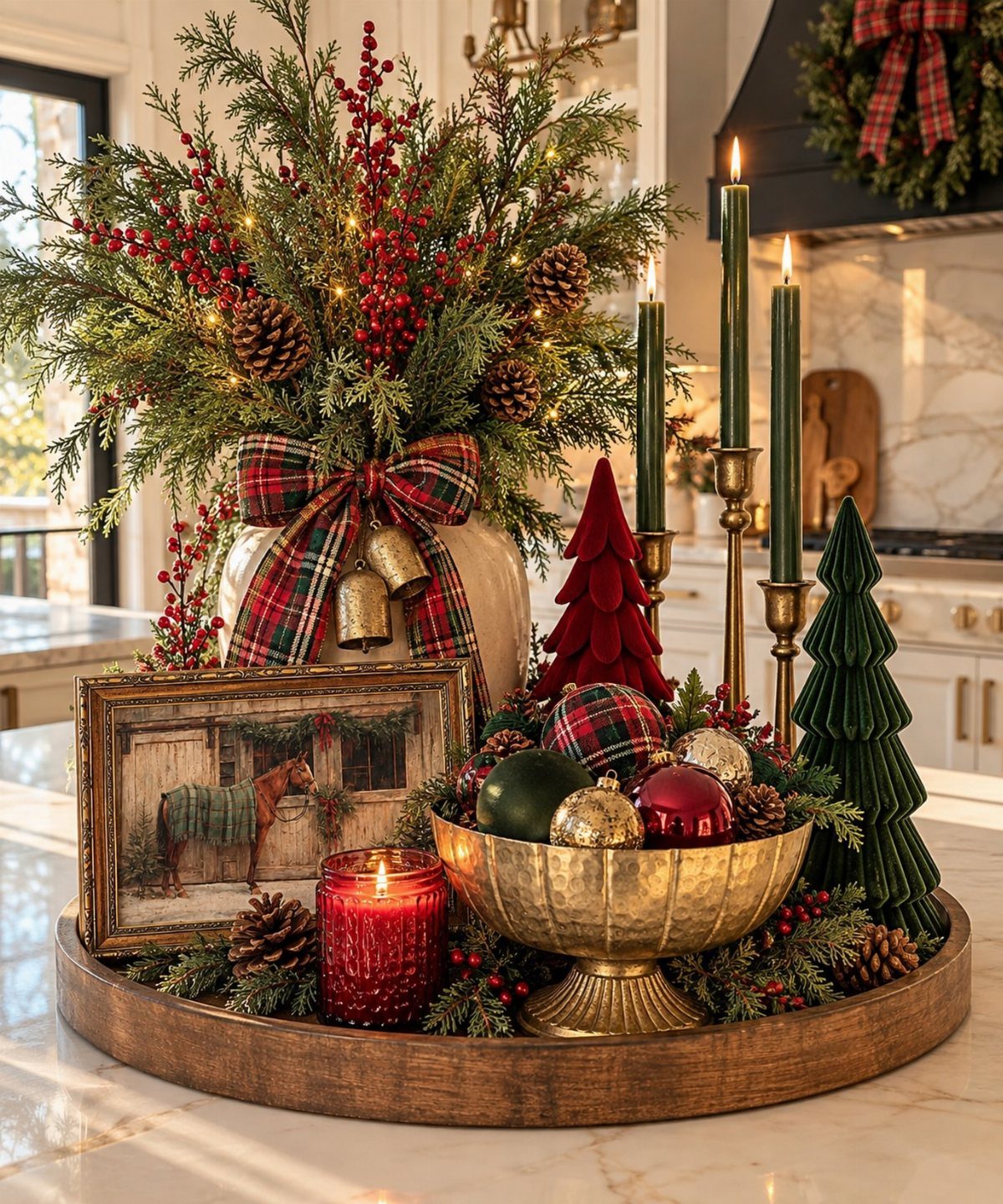 Festive holiday centerpiece with evergreen branches, red berries, gold bowls, and green candles.