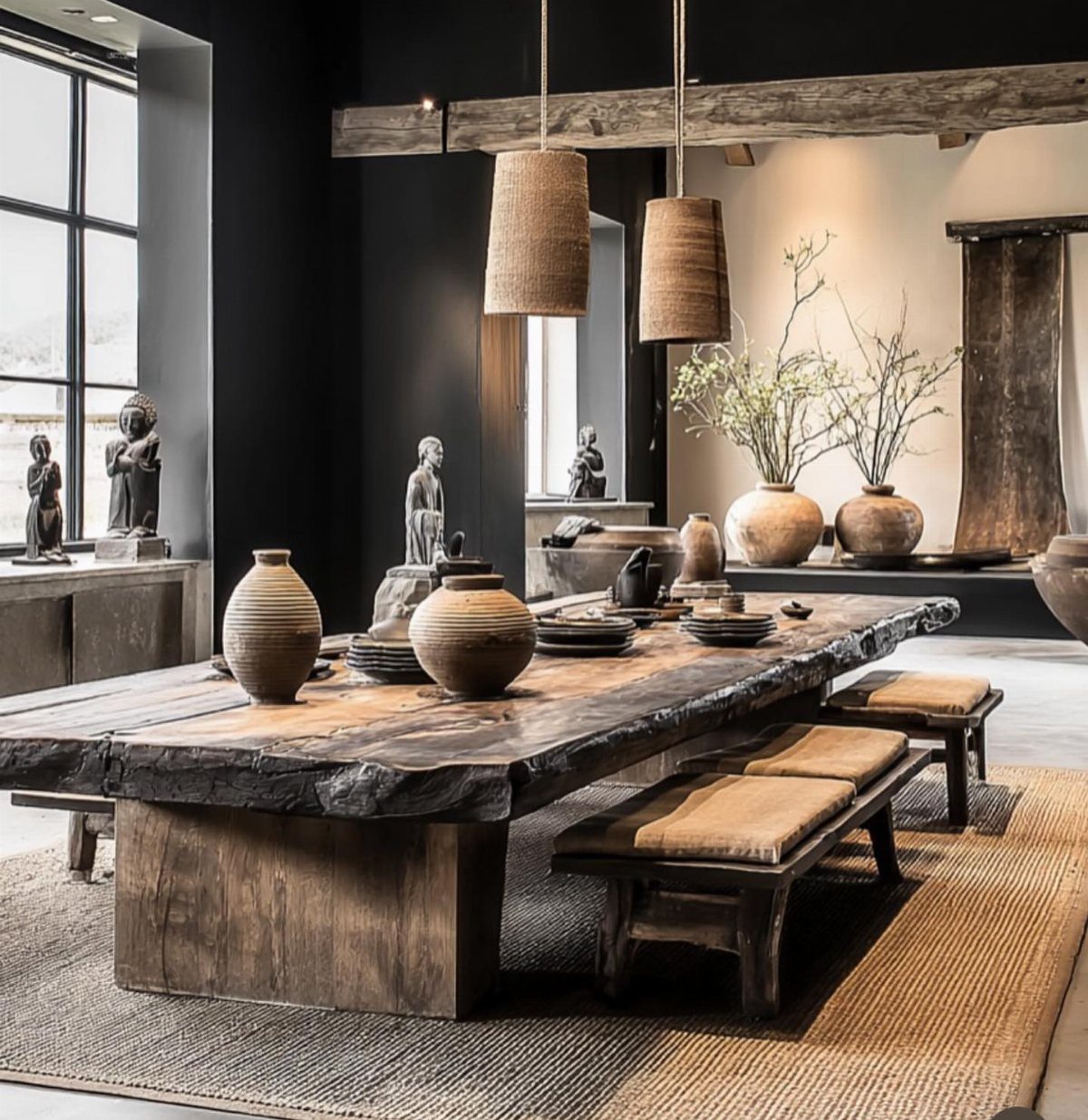 9 Wabi Sabi Dining Table Ideas for an Organic, Lived-In Space 4 Rustic wooden dining table with raw edges, clay pottery, and matching wooden benches.
