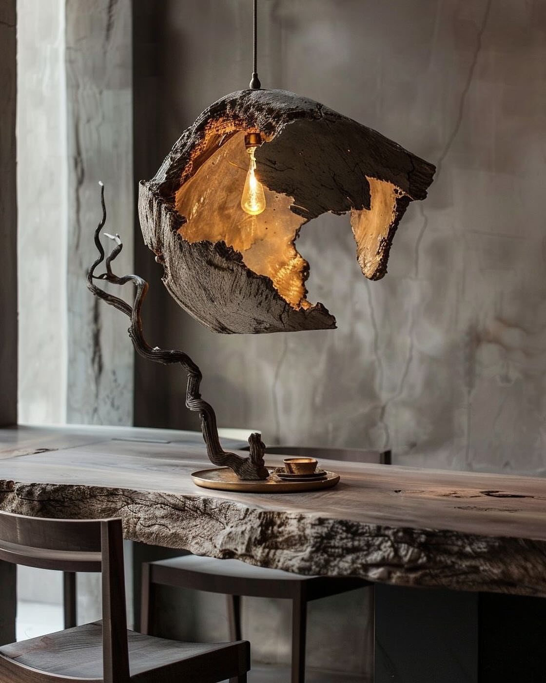 9 Wabi Sabi Dining Table Ideas for an Organic, Lived-In Space 8 Live-edge wooden dining table with a sculptural stone pendant light in a concrete room