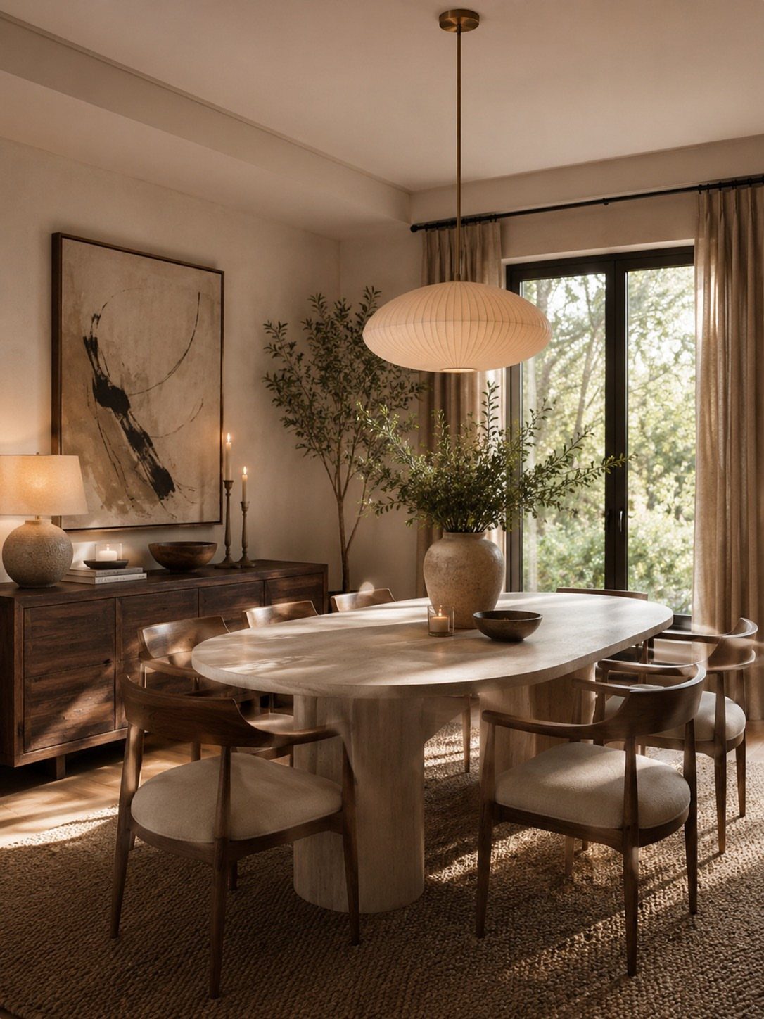 9 Wabi Sabi Dining Table Ideas for an Organic, Lived-In Space 3 Oval stone dining table with wooden chairs under a large paper pendant lamp.