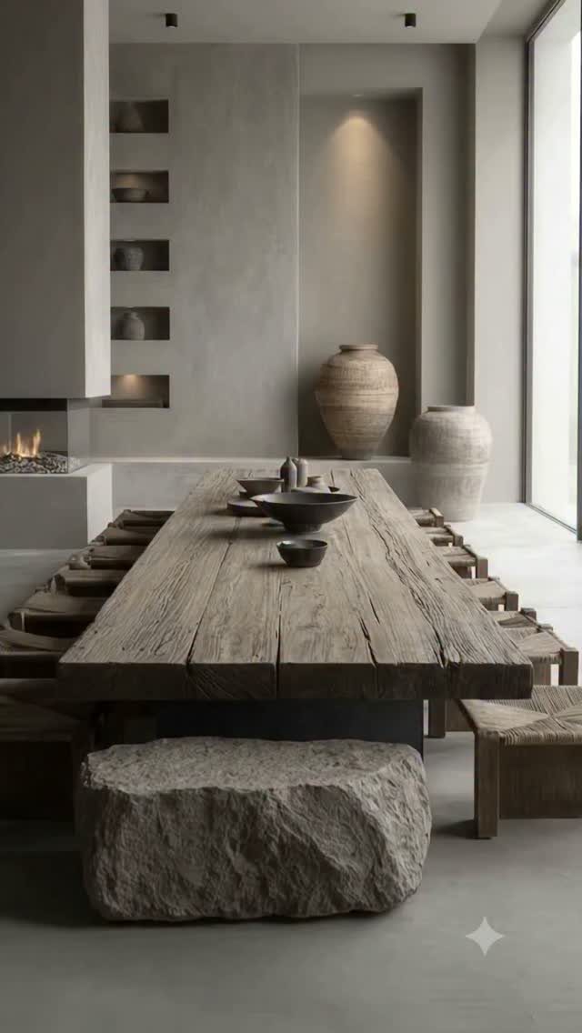 9 Wabi Sabi Dining Table Ideas for an Organic, Lived-In Space 1 Rustic weathered wood dining table with a raw stone bench and clay vases.