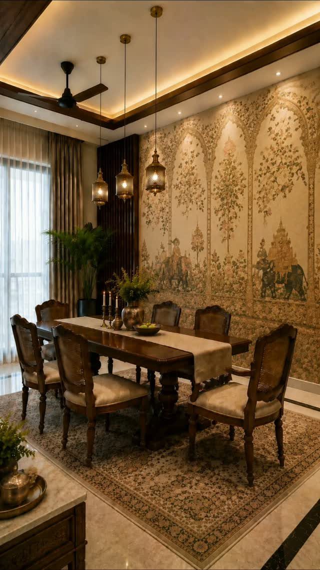 Traditional dining room with a large Indian-style wall mural and carved wooden furniture.
