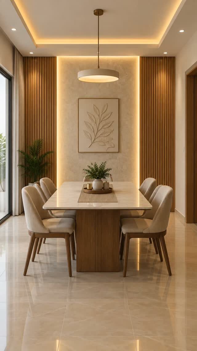 Modern dining room with vertical wood paneled walls and a white dining table.