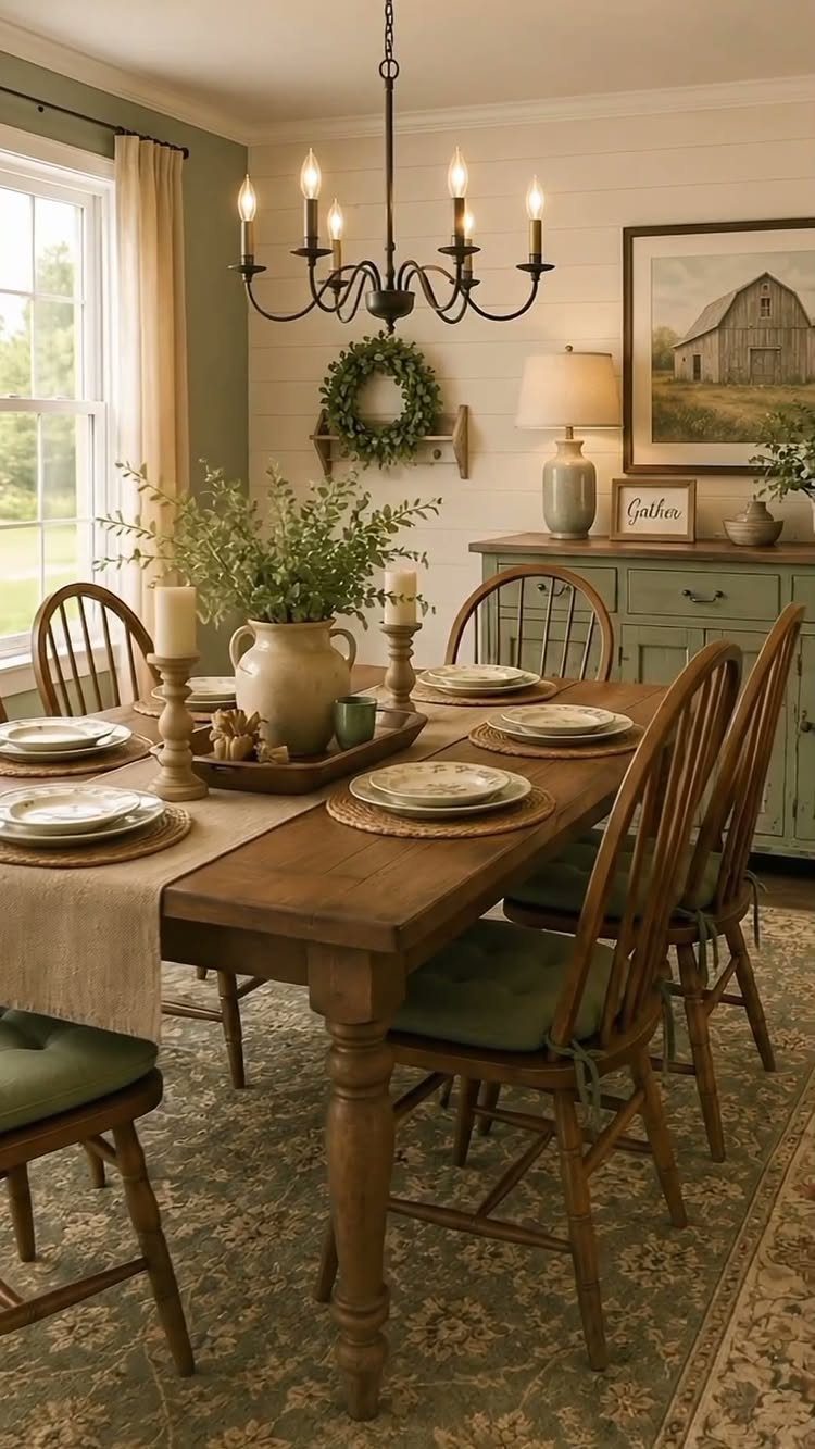 Wooden dining table and chairs set against white horizontal shiplap paneled walls.